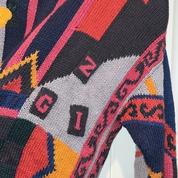 RETRO 80s chunky knit novelty funky patch sweater cardigan XL colorful kitsch - Picture 14 of 17